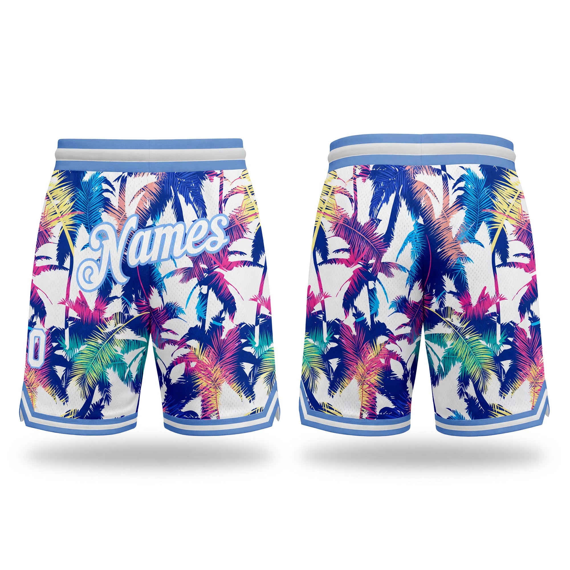 Custom White White-Light Blue 3D Pattern Design Palm Trees Authentic Basketball Shorts