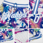 Custom White White-Light Blue 3D Pattern Design Palm Trees Authentic Basketball Shorts detail
