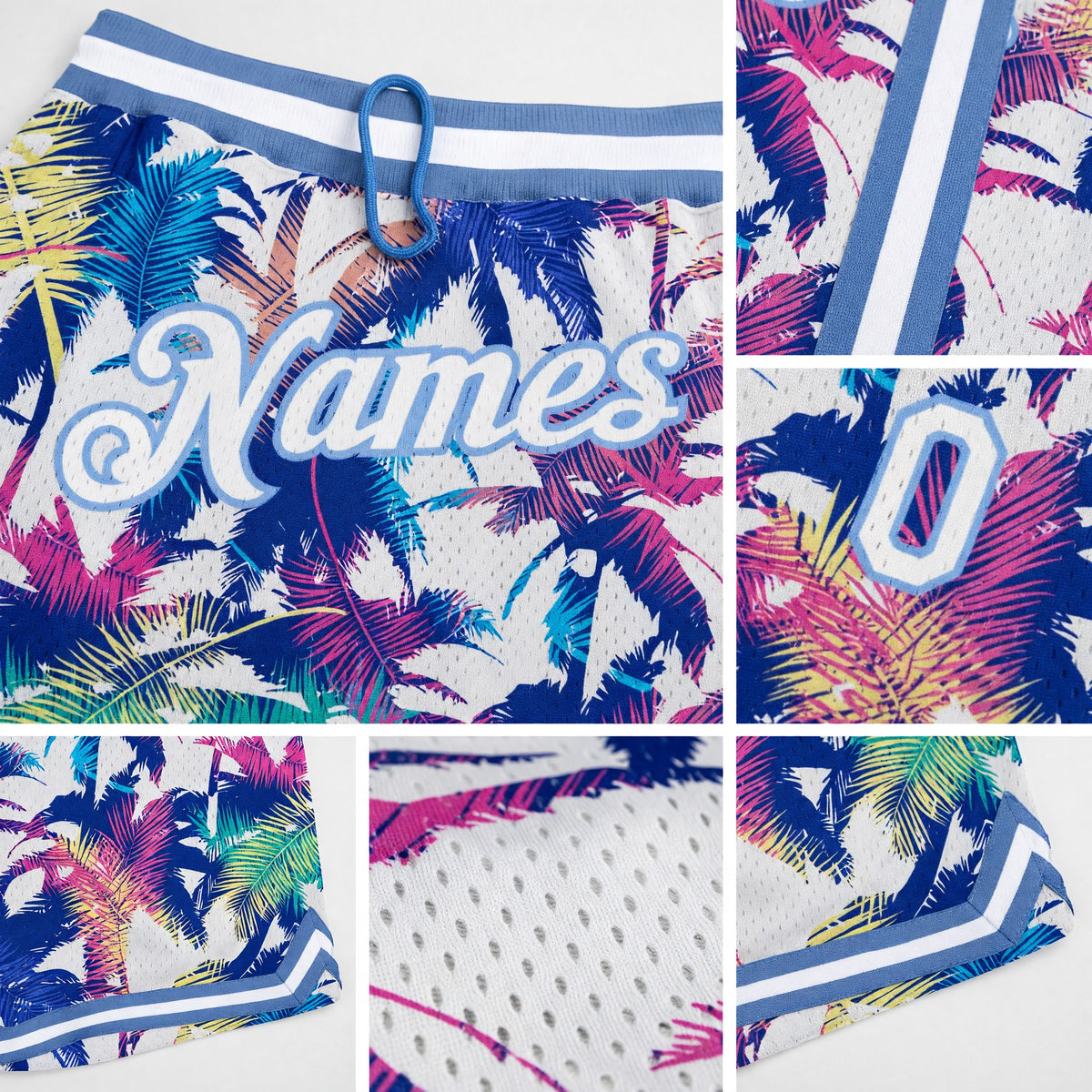 Custom White White-Light Blue 3D Pattern Design Palm Trees Authentic Basketball Shorts detail