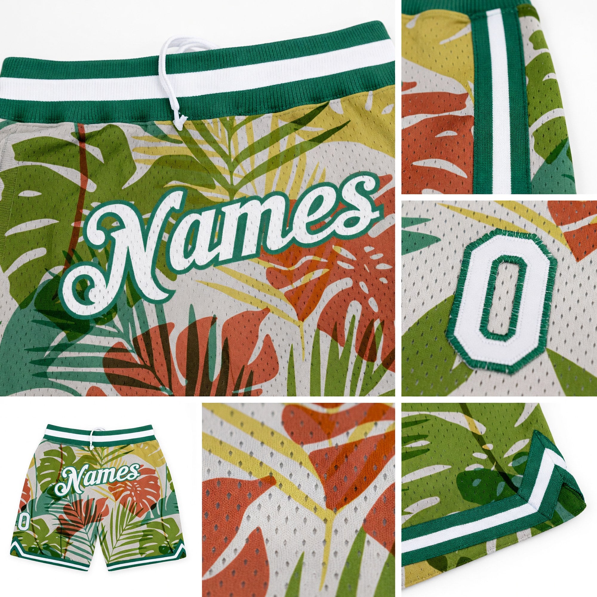 Custom White White-Kelly Green 3D Pattern Design Palm Trees Authentic Basketball Shorts detail