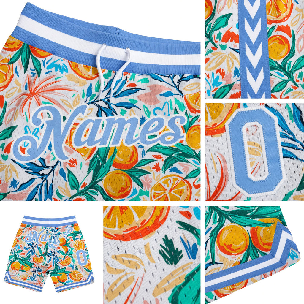 Custom White Light Blue-White 3D Pattern Design Oranges Authentic Basketball Shorts detail