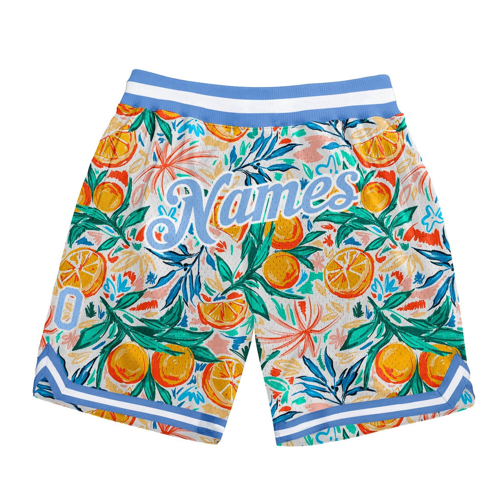 Custom White Light Blue-White 3D Pattern Design Oranges Authentic Basketball Shorts photo 1
