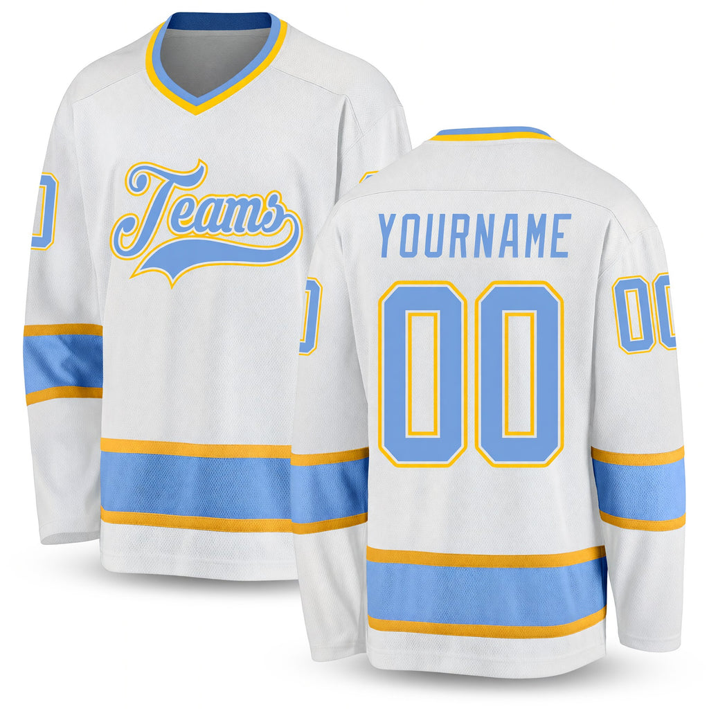 Custom White Light Blue-Gold Hockey Jersey