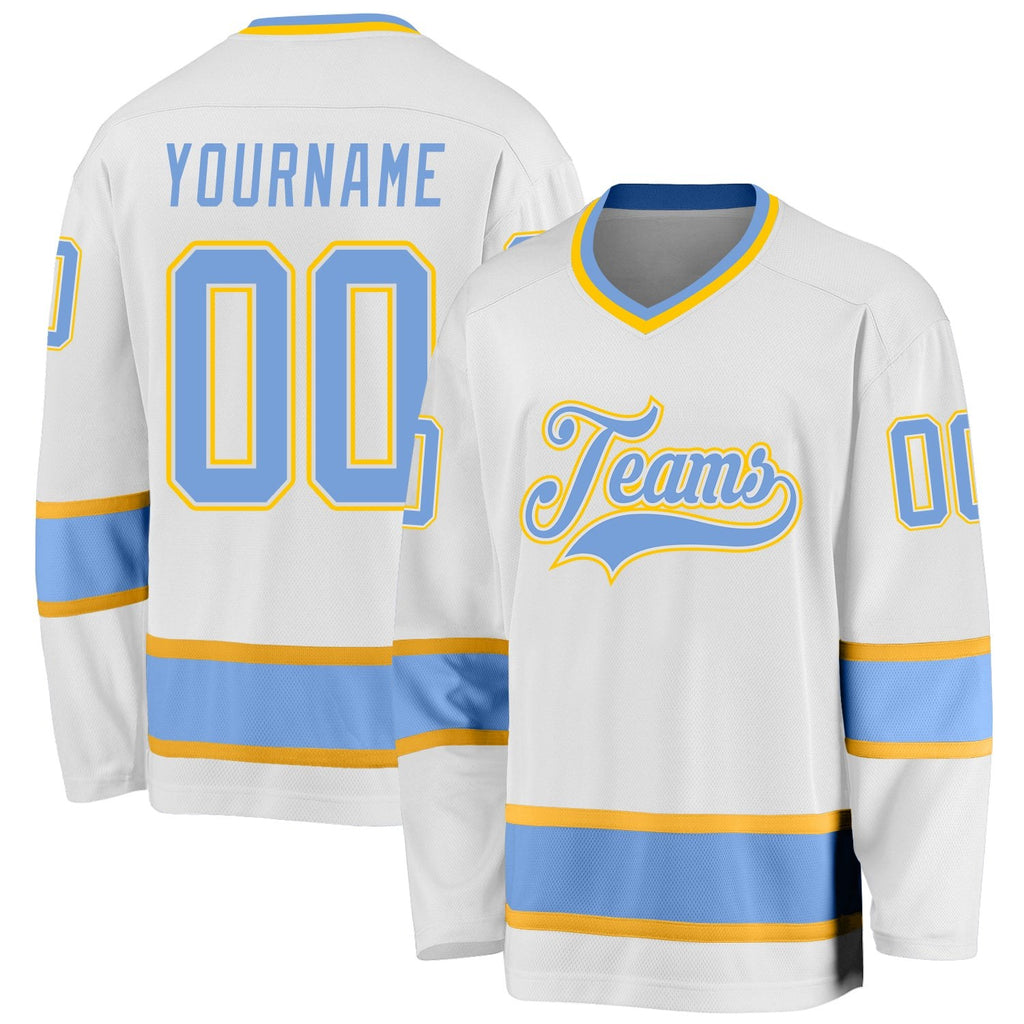 Custom White Light Blue-Gold Hockey Jersey photo 1