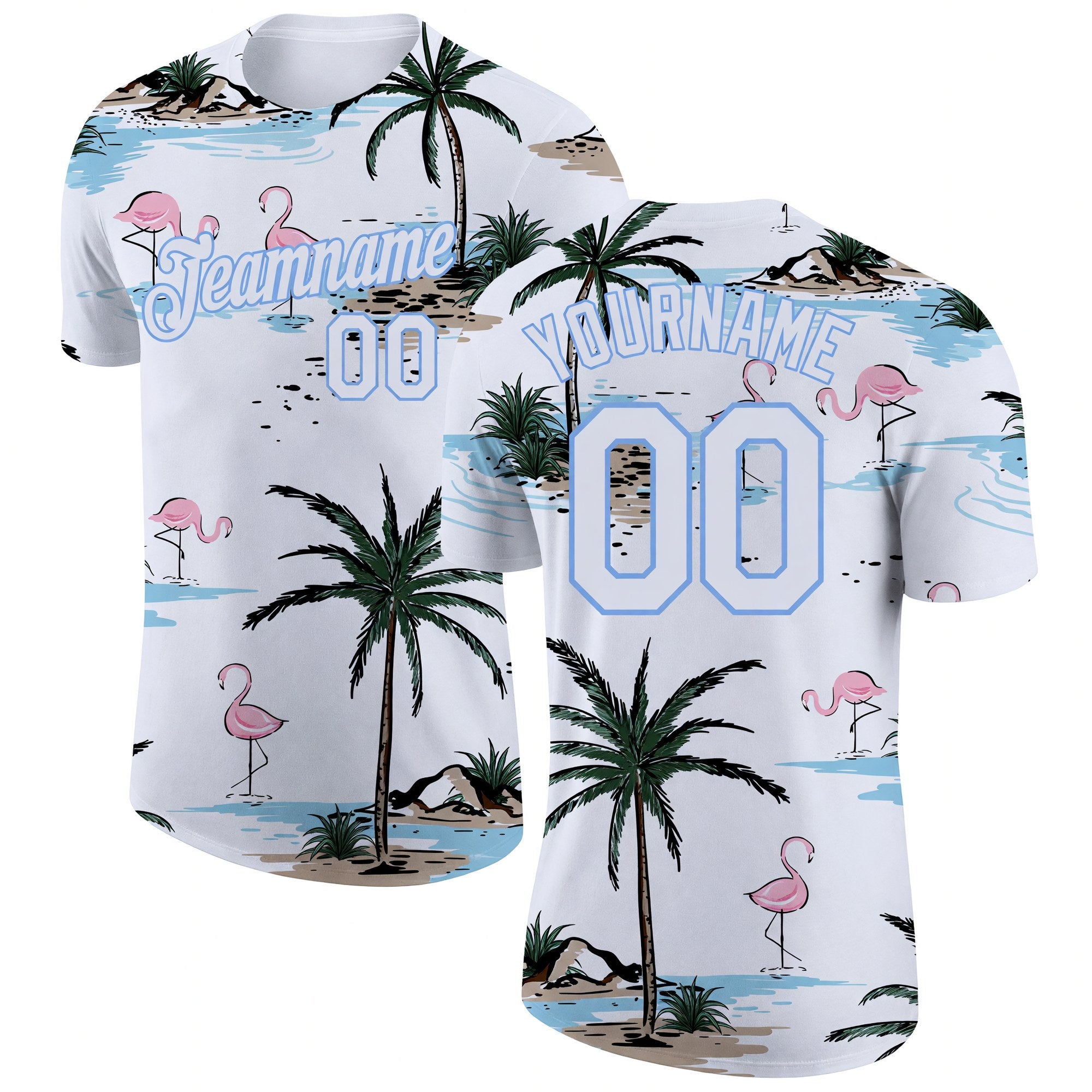 Custom White White-Light Blue 3D Pattern Design Hawaii Palm Trees Performance T-Shirt