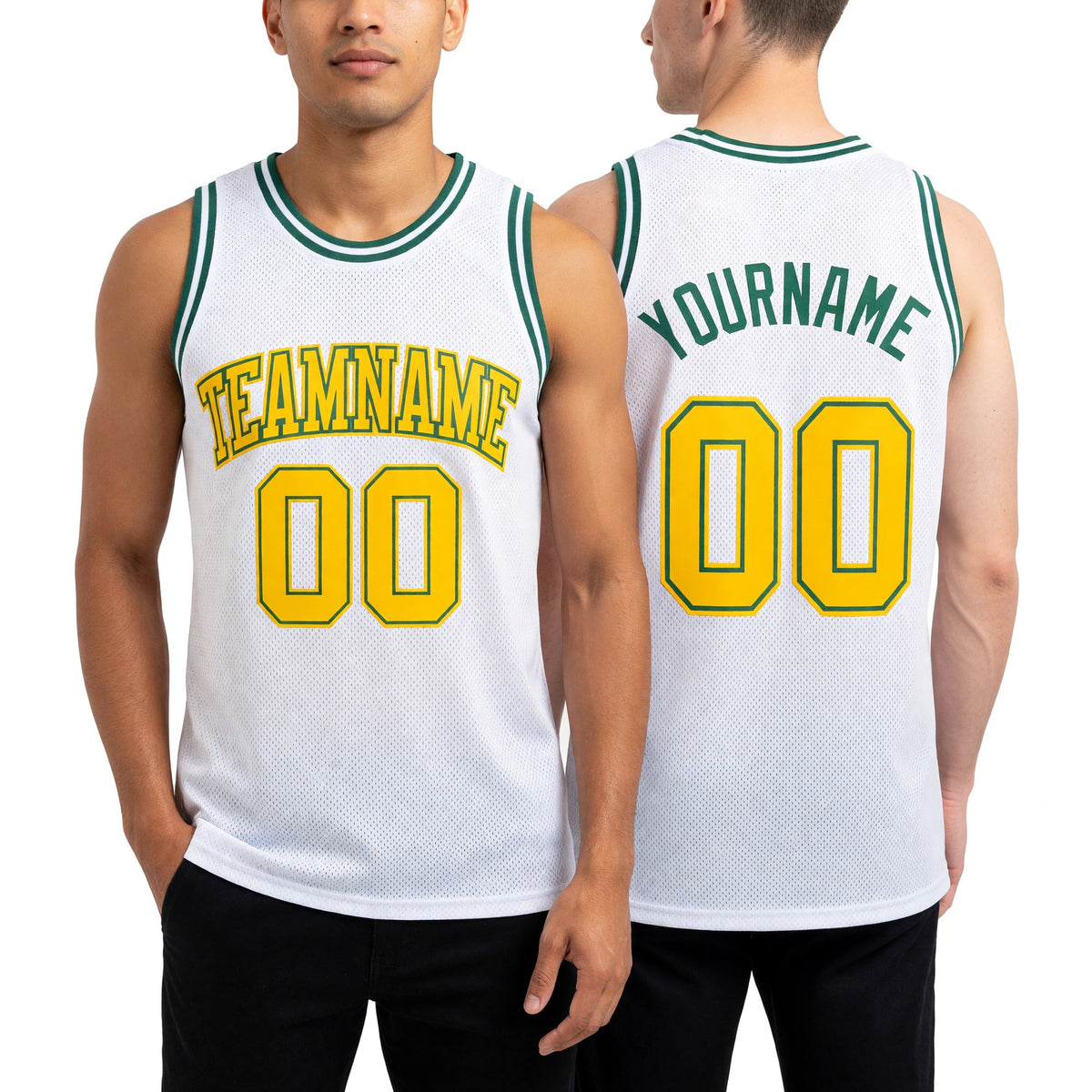 Custom White Gold-Kelly Green Authentic Throwback Basketball Jersey worn front and back
