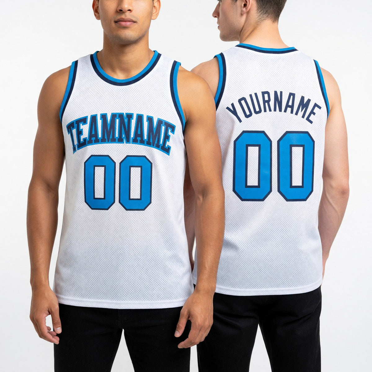 Custom White Blue-Navy Authentic Throwback Basketball Jersey worn front and back