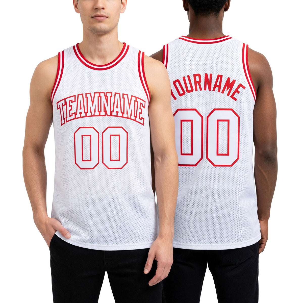 Custom White White-Red Authentic Throwback Basketball Jersey worn front and back
