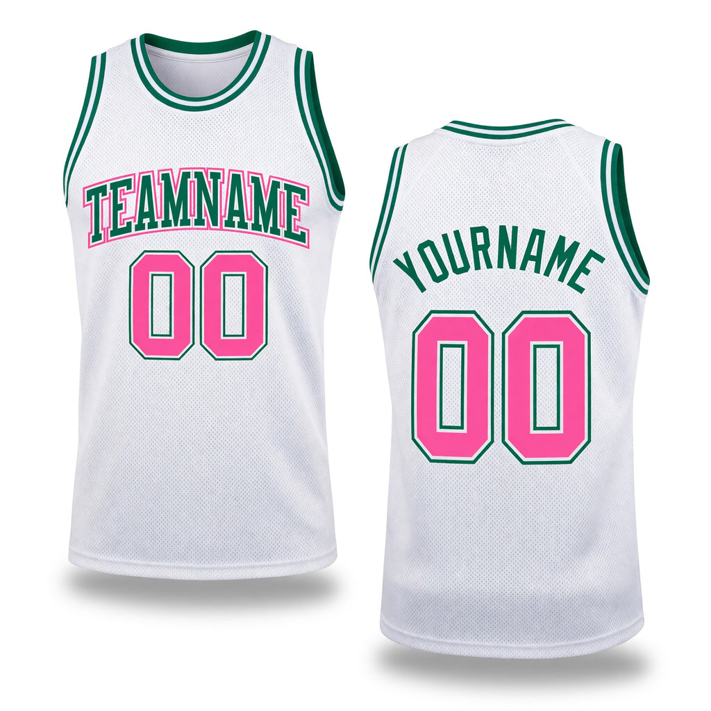 Custom White Pink-Kelly Green Authentic Throwback Basketball Jersey
