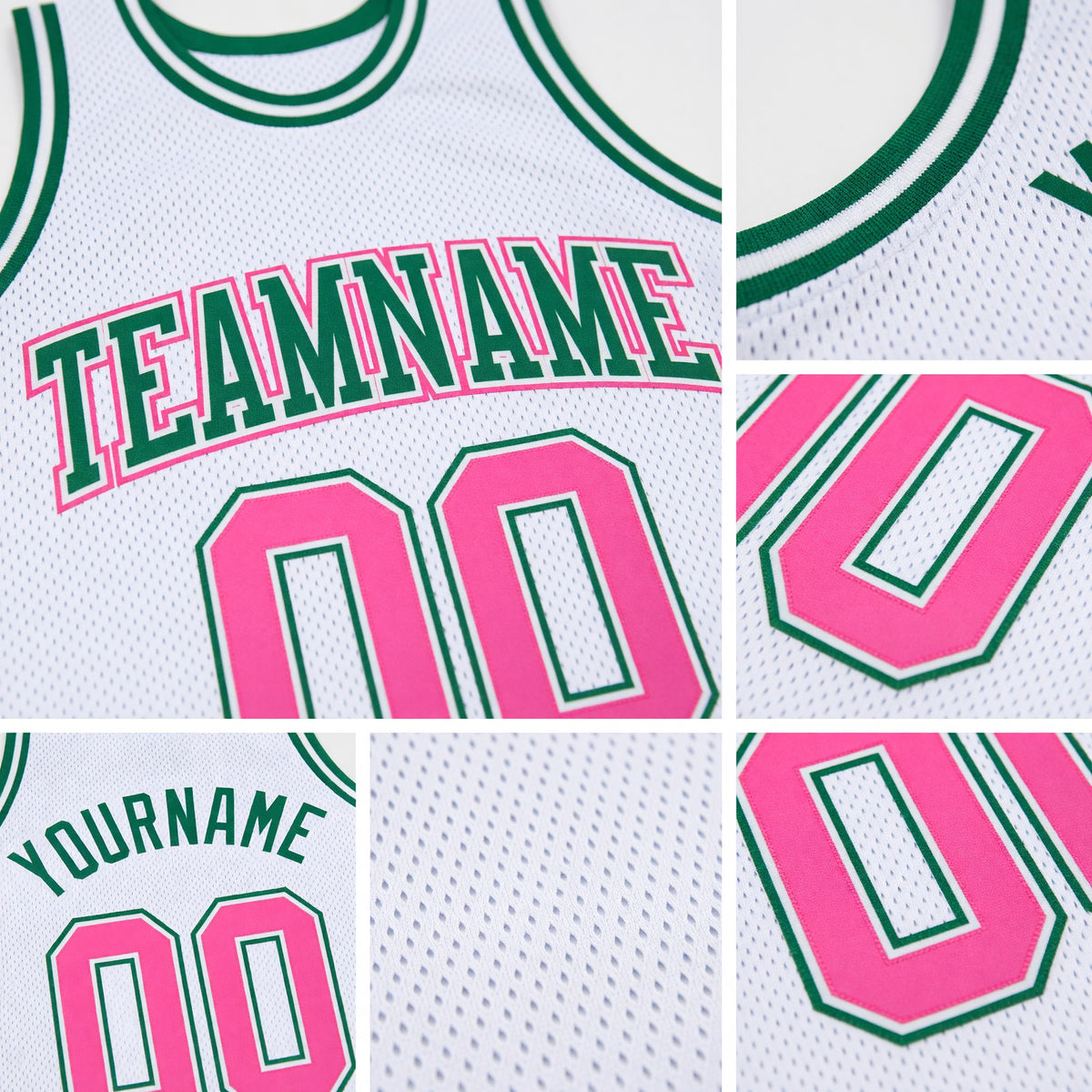 Custom White Pink-Kelly Green Authentic Throwback Basketball Jersey detail
