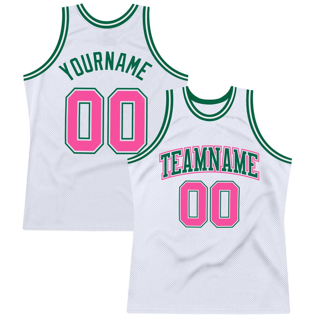 Custom White Pink-Kelly Green Authentic Throwback Basketball Jersey photo 1