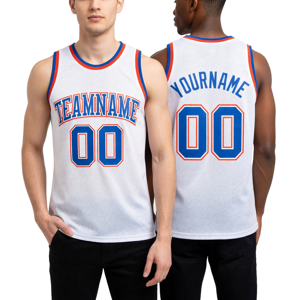 Custom White Blue-Orange Authentic Throwback Basketball Jersey worn front and back