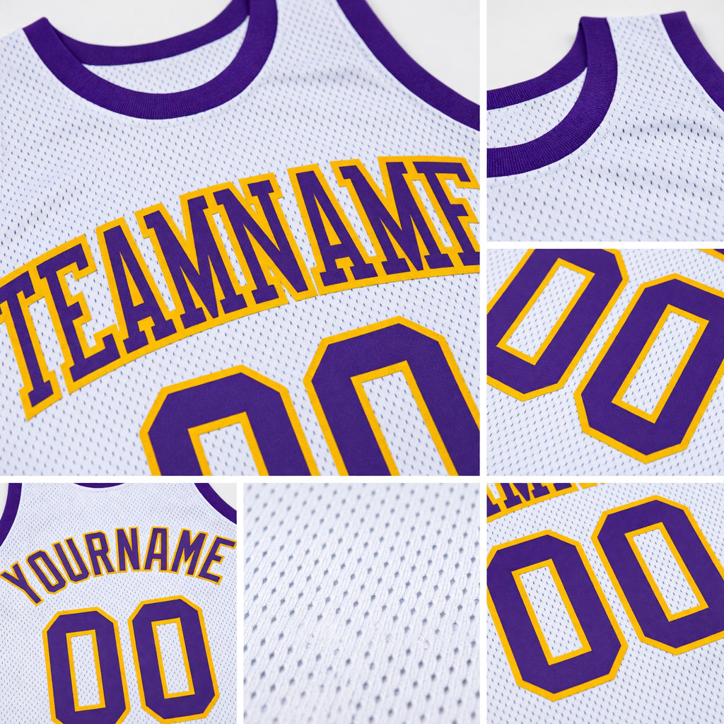 Custom White Purple-Gold Authentic Throwback Basketball Jersey detail
