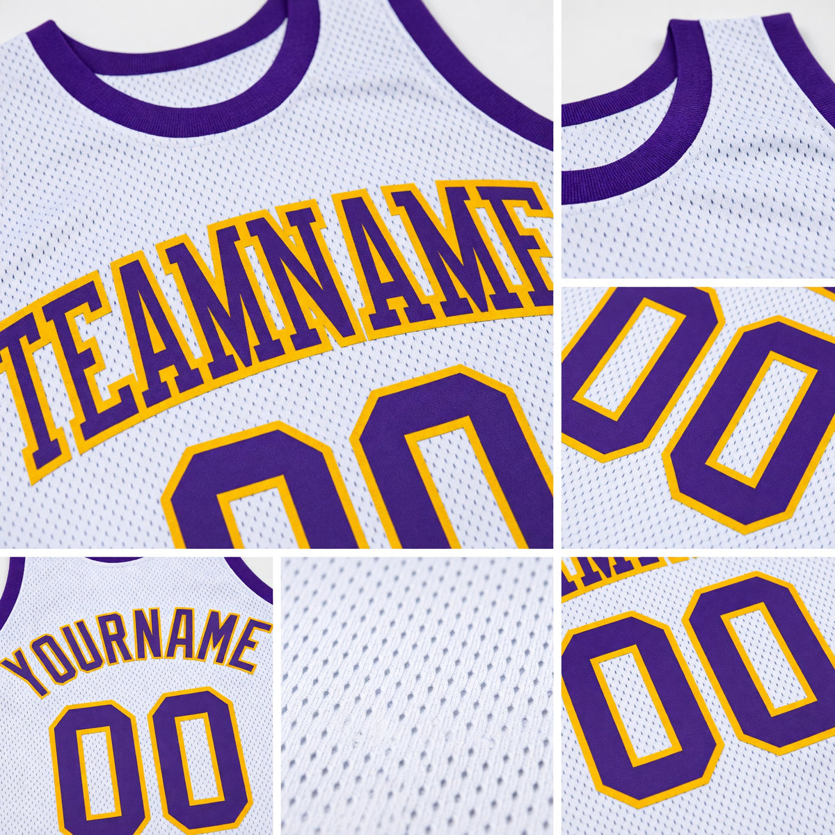 Custom White Purple-Gold Authentic Throwback Basketball Jersey detail
