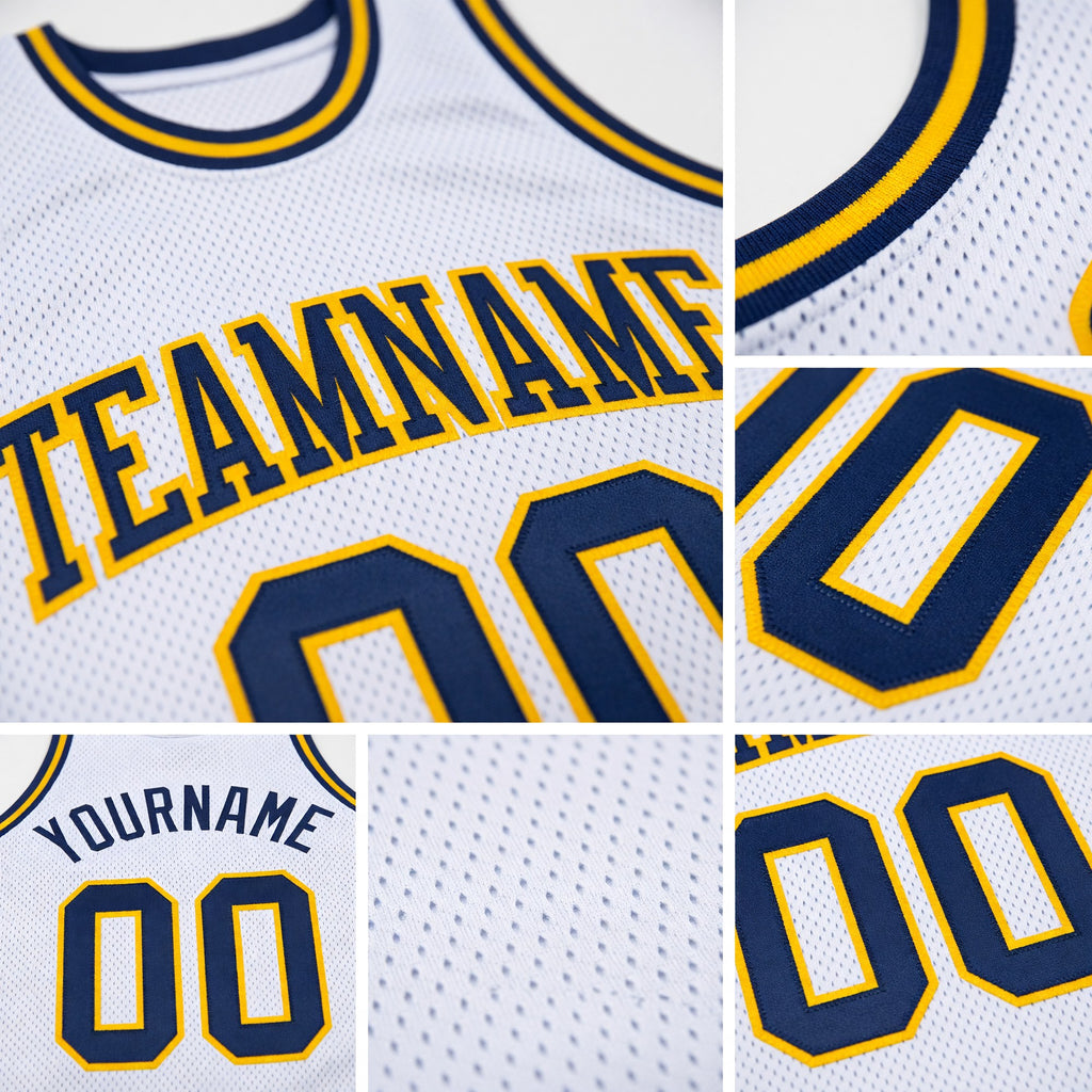 Custom White Navy-Gold Authentic Throwback Basketball Jersey detail