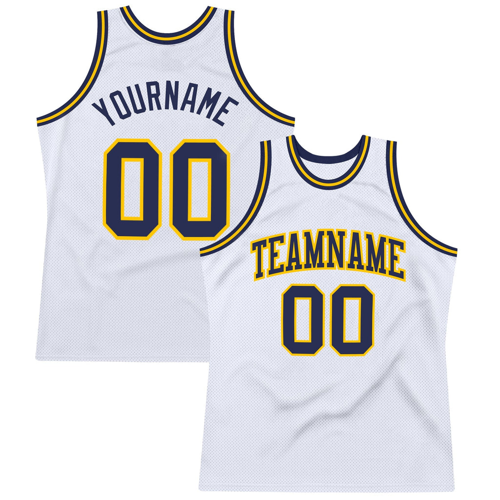 Custom White Navy-Gold Authentic Throwback Basketball Jersey photo 1