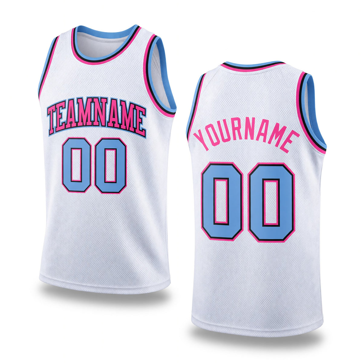 Custom White Light Blue-Pink Authentic Throwback Basketball Jersey
