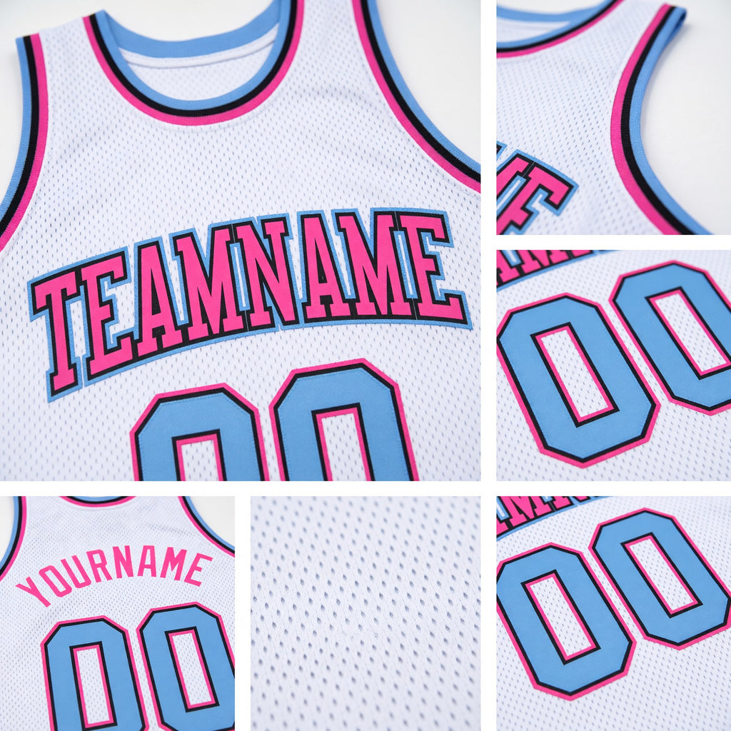 Custom White Light Blue-Pink Authentic Throwback Basketball Jersey detail