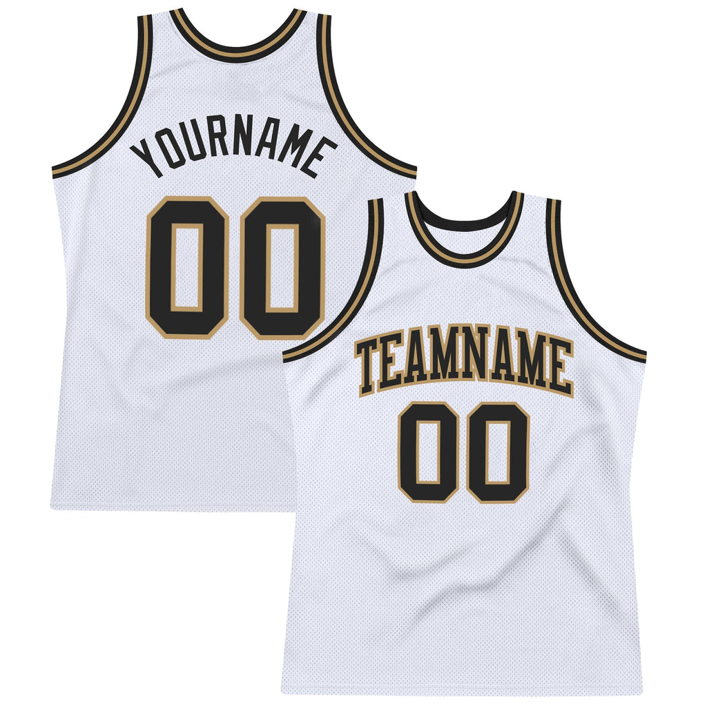 Custom White Black-Old Gold Authentic Throwback Basketball Jersey photo 1
