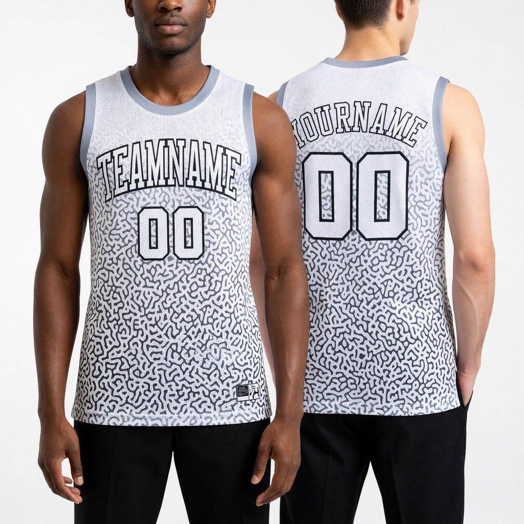 Custom White White-Black Round Neck Sublimation Basketball Uniform Jersey worn front and back