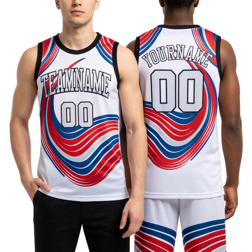 Custom White White-Red Round Neck Sublimation Basketball Uniform Jersey worn front and back