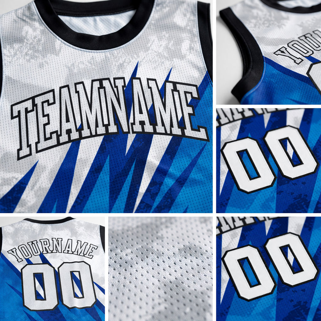 Custom White White-Royal Round Neck Sublimation Basketball Uniform Jersey detail