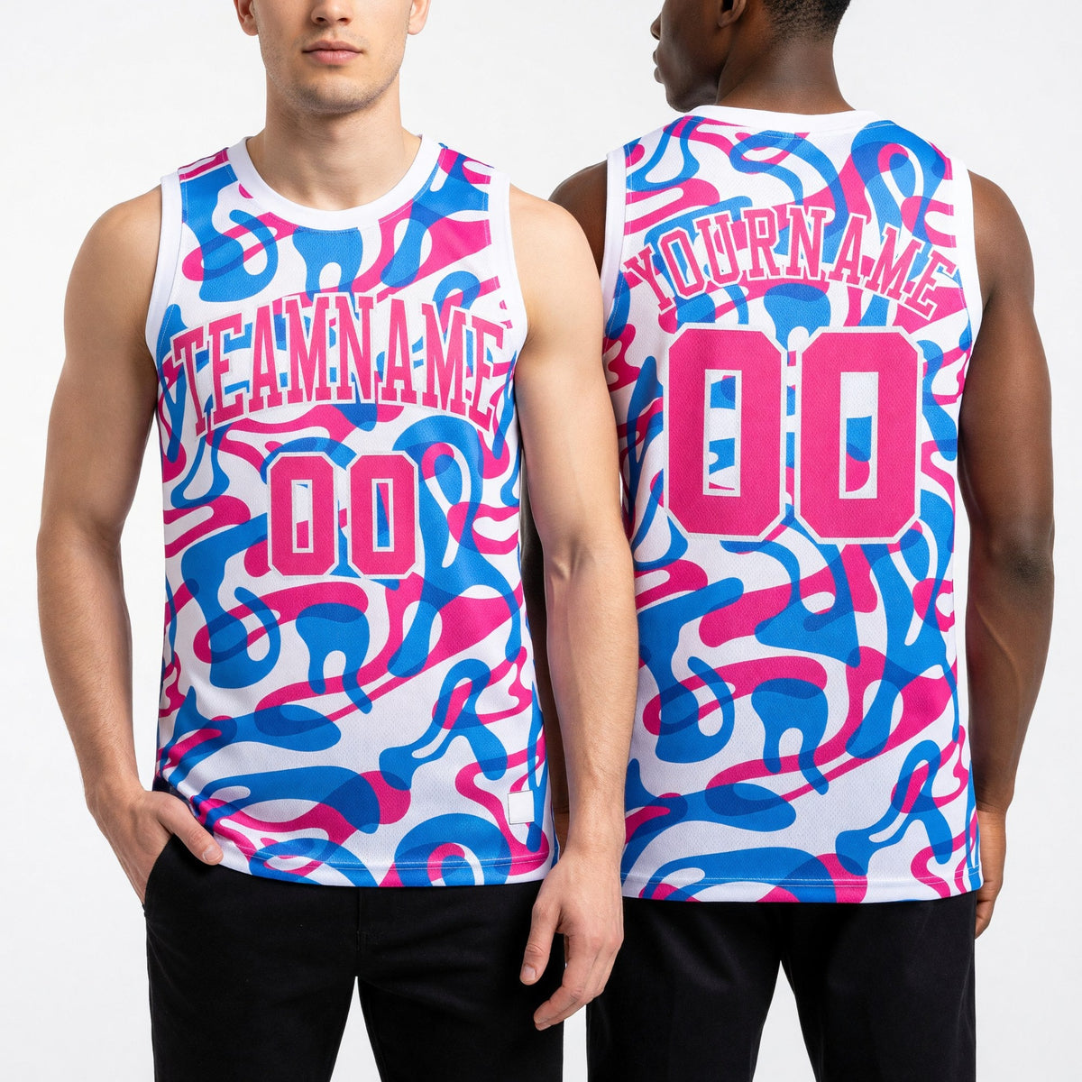 Custom White Pink-Light Blue Music Festival Round Neck Sublimation Basketball Uniform Jersey worn front and back