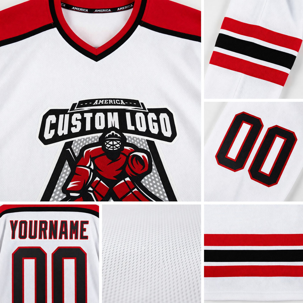 Custom White Black-Red Hockey Jersey detail