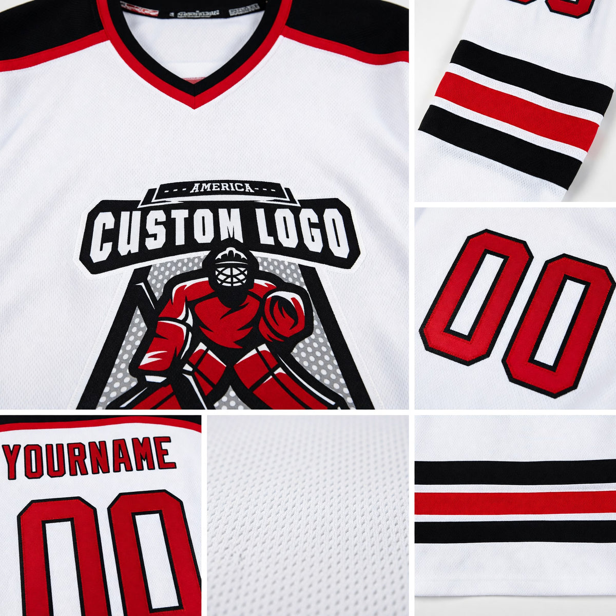 Custom White Red-Black Hockey Jersey detail