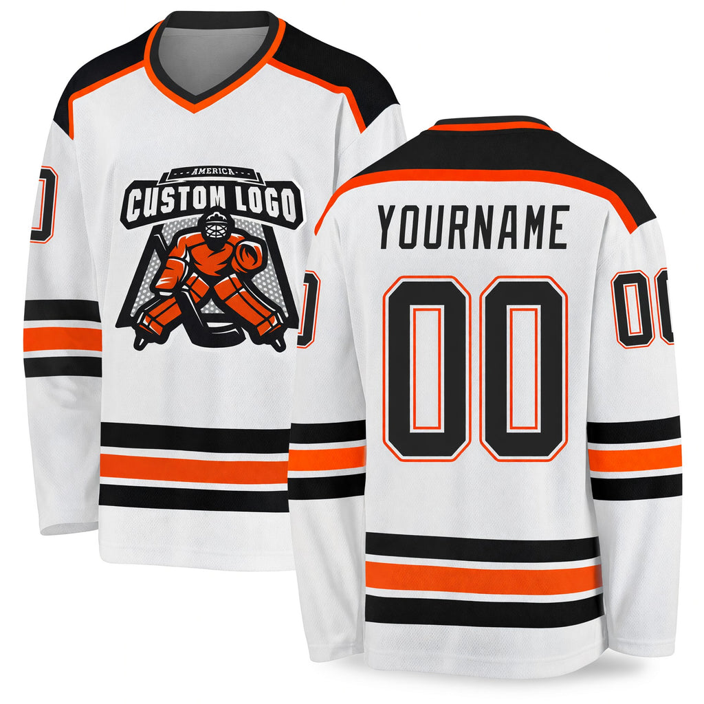 Custom White Black-Orange Hockey Jersey