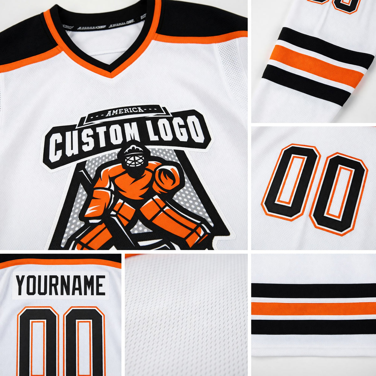 Custom White Black-Orange Hockey Jersey detail