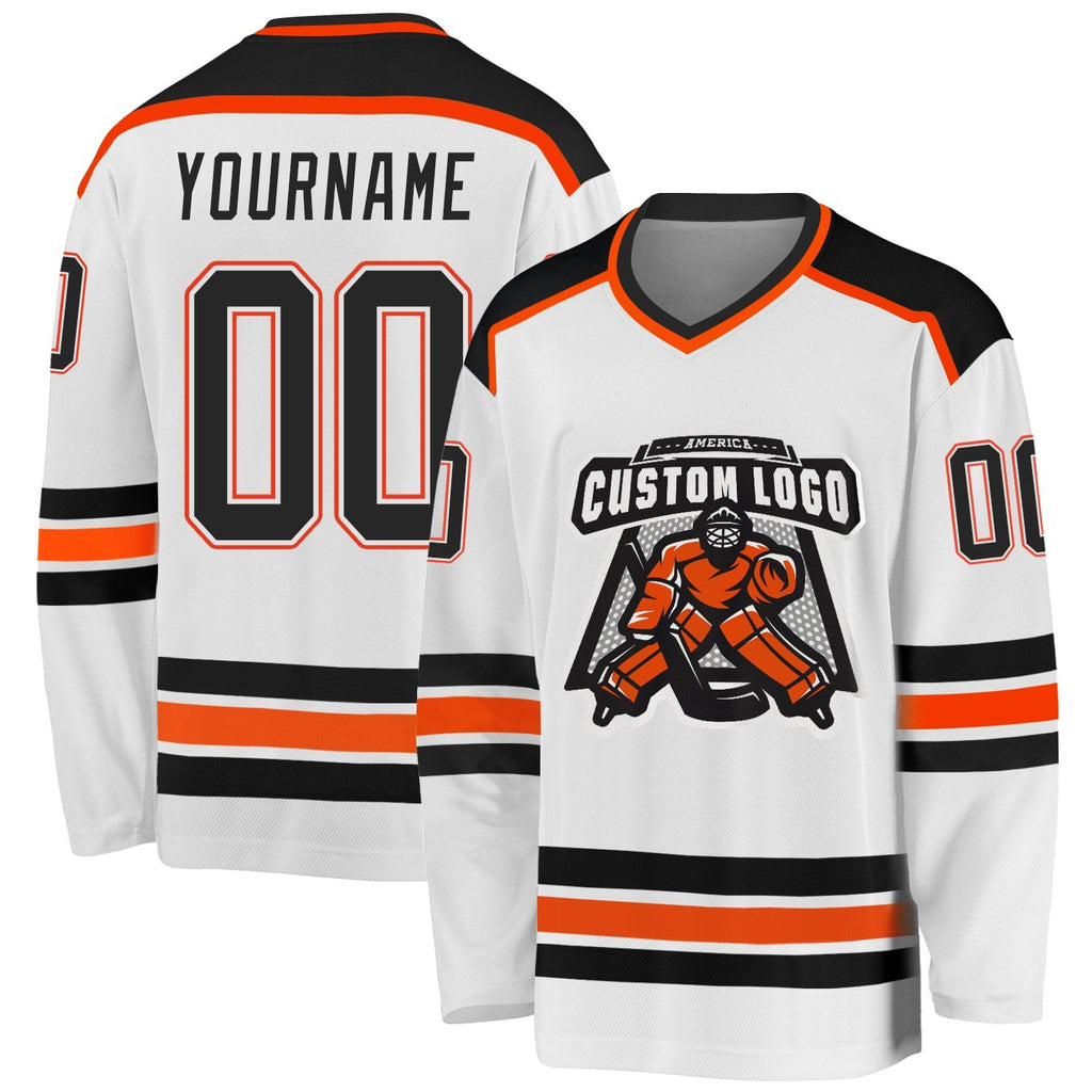 Custom White Black-Orange Hockey Jersey photo 1
