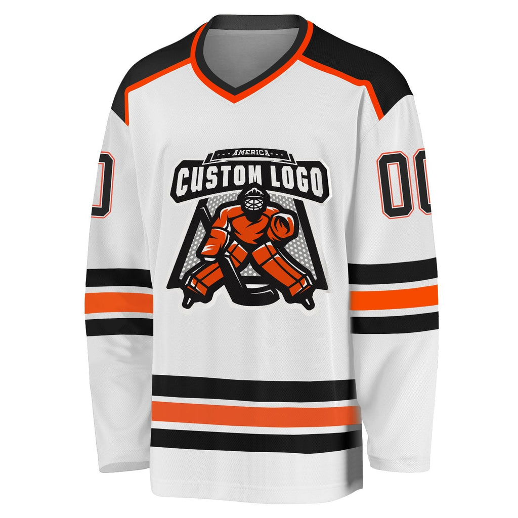 Custom White Black-Orange Hockey Jersey photo 2