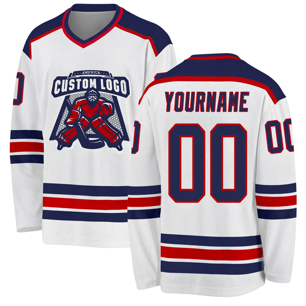 Custom White Navy-Red Hockey Jersey