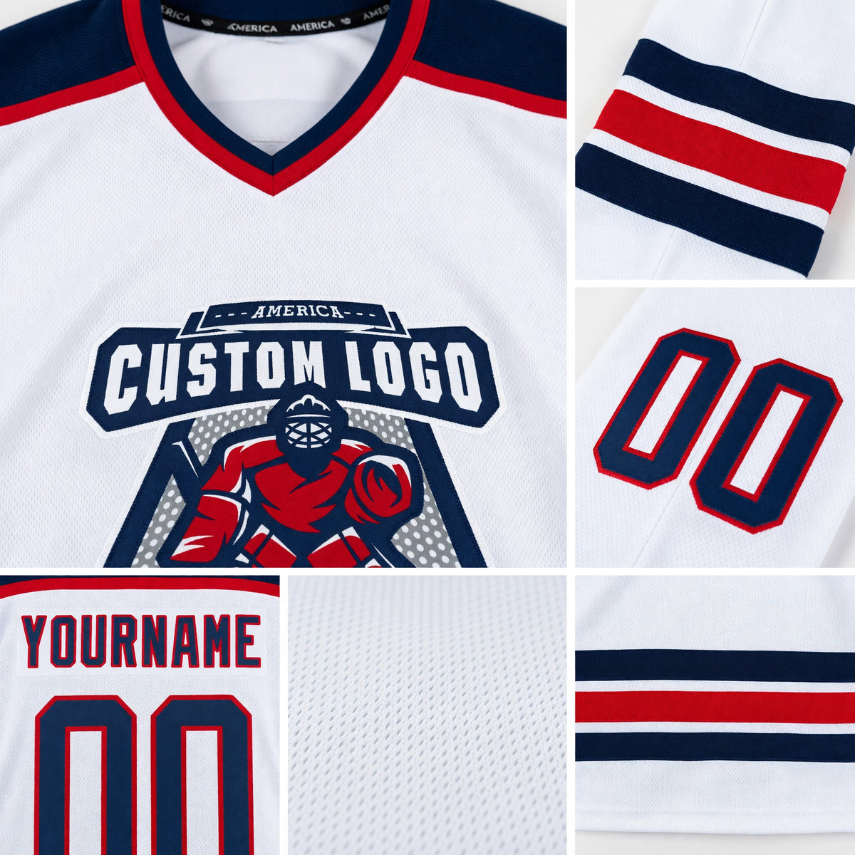 Custom White Navy-Red Hockey Jersey detail
