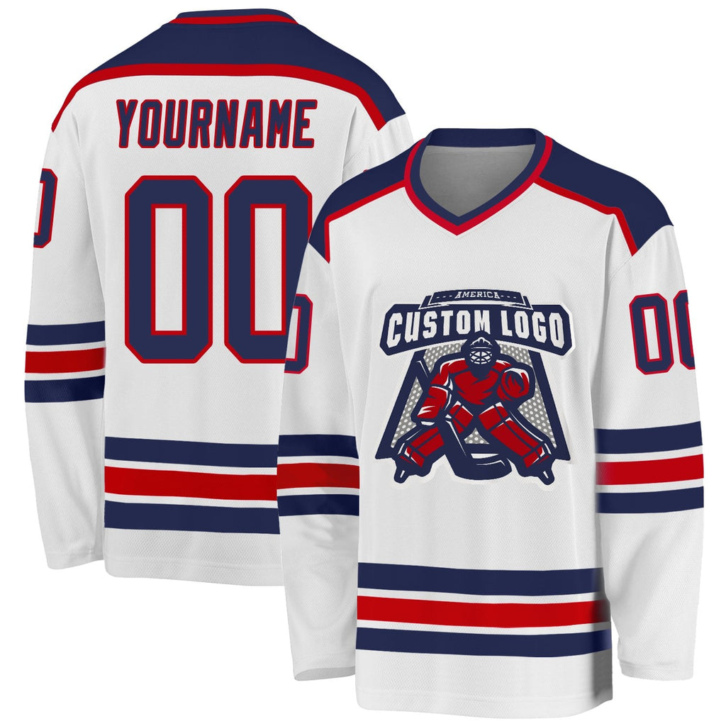 Custom White Navy-Red Hockey Jersey photo 1
