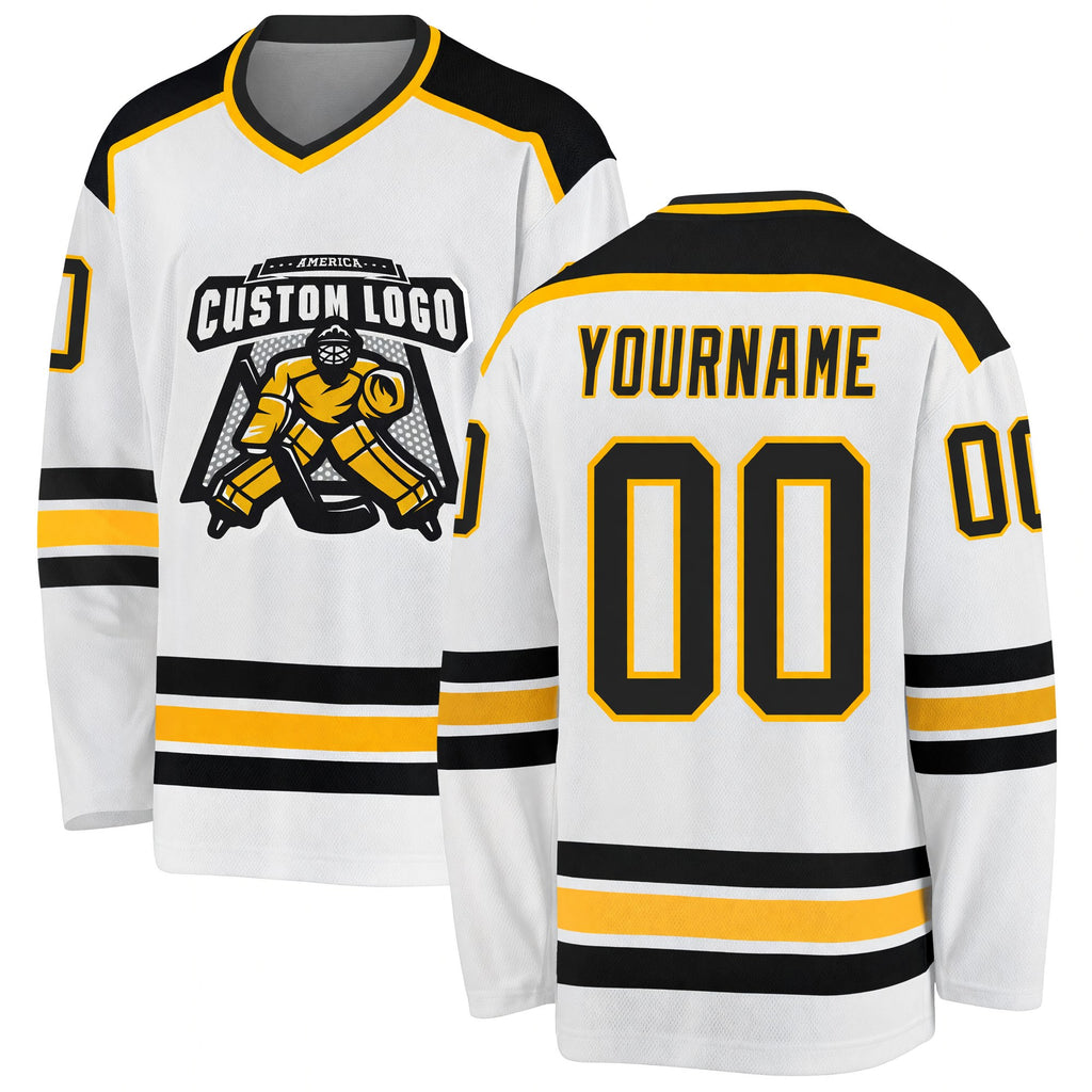 Custom White Black-Gold Hockey Jersey