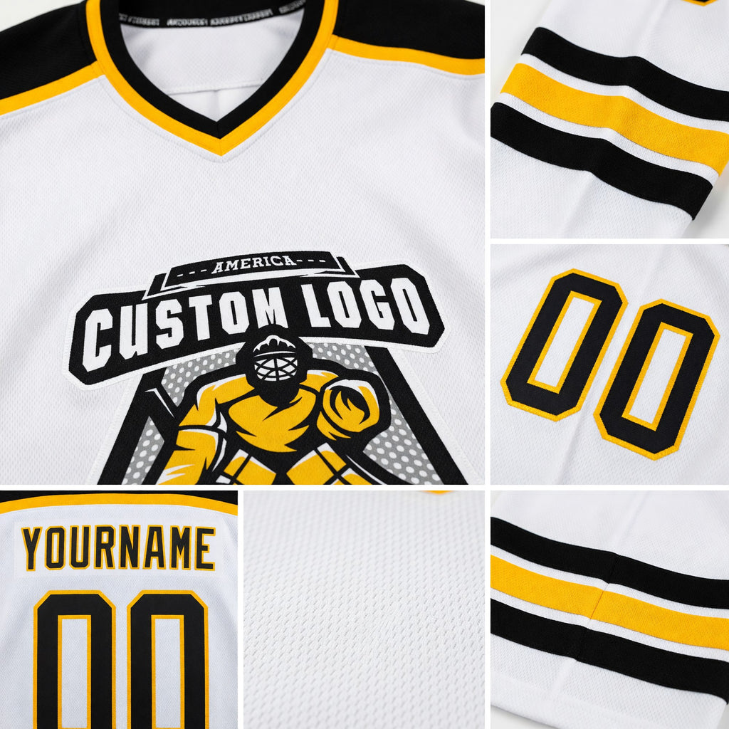 Custom White Black-Gold Hockey Jersey detail
