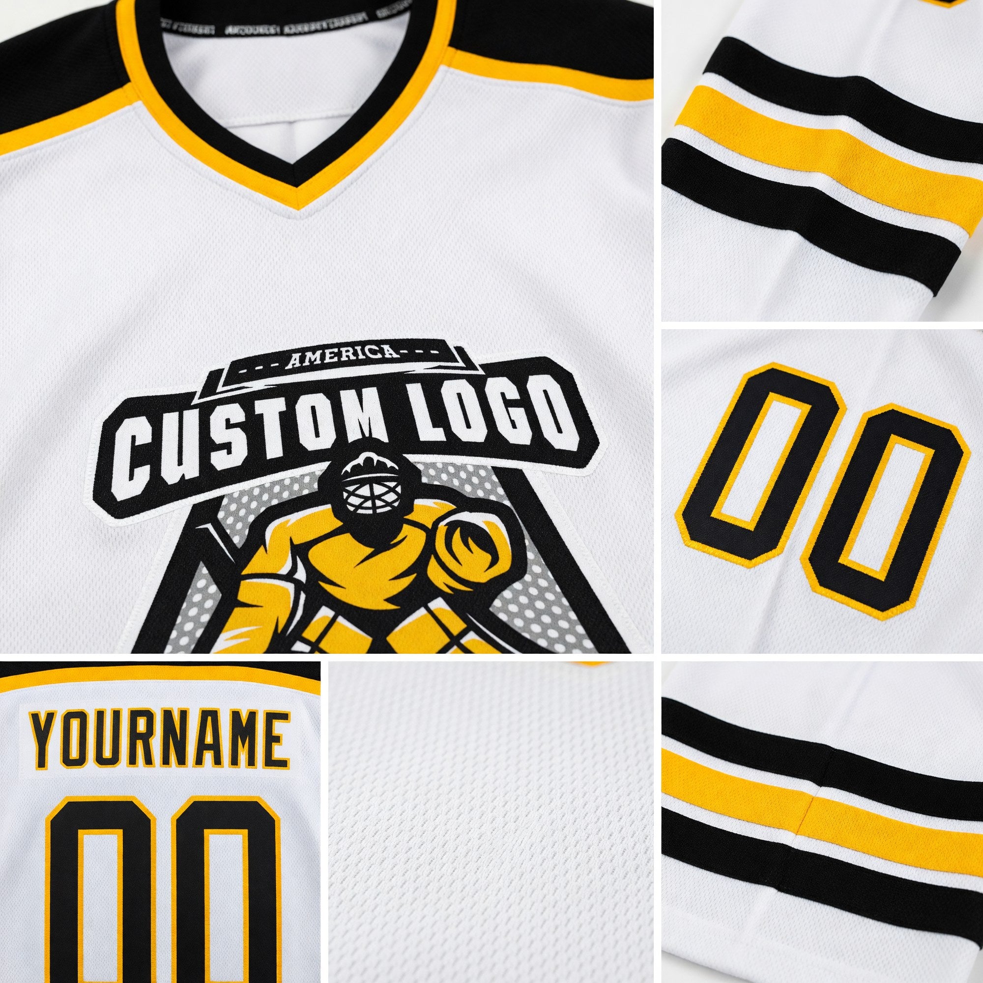 Custom White Black-Gold Hockey Jersey detail
