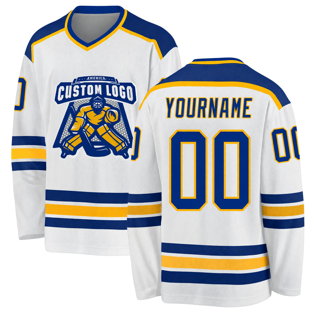 Custom White Royal-Gold Hockey Jersey