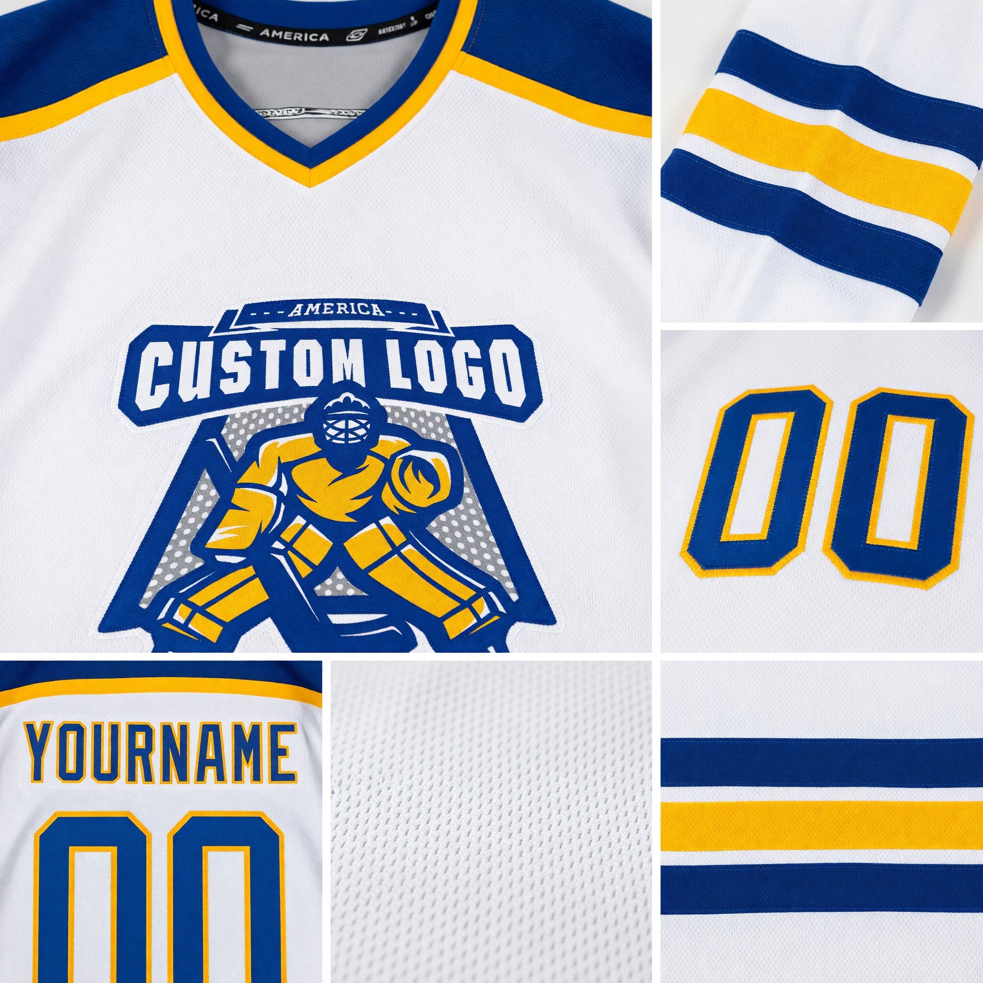 Custom White Royal-Gold Hockey Jersey detail