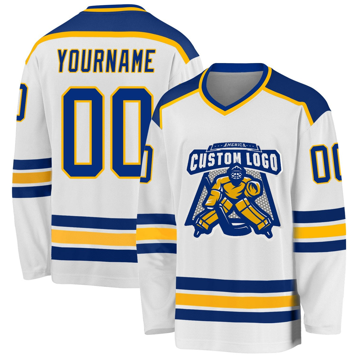 Custom White Royal-Gold Hockey Jersey photo 1
