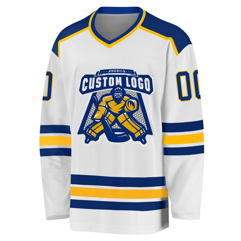 Custom White Royal-Gold Hockey Jersey photo 2