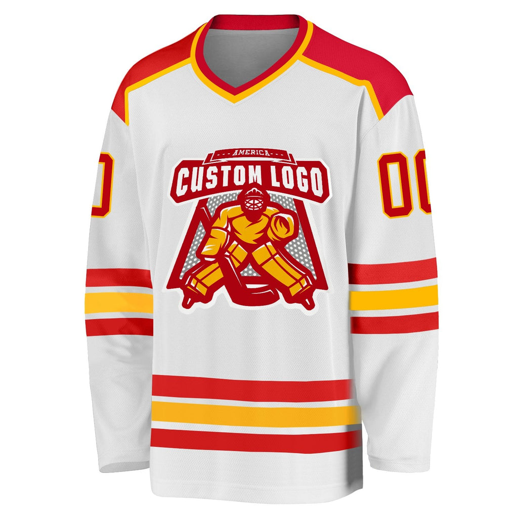 Custom White Red-Gold Hockey Jersey photo 2