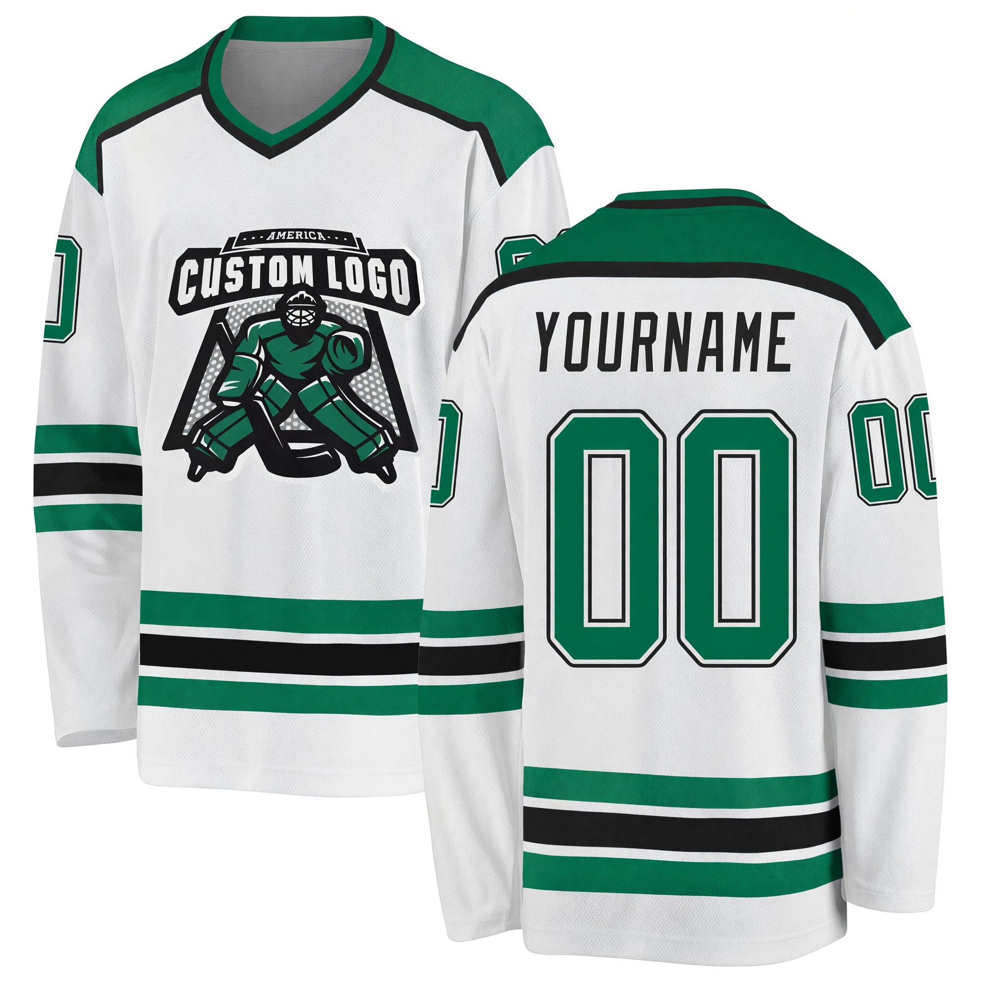 Custom White Kelly Green-Black Hockey Jersey
