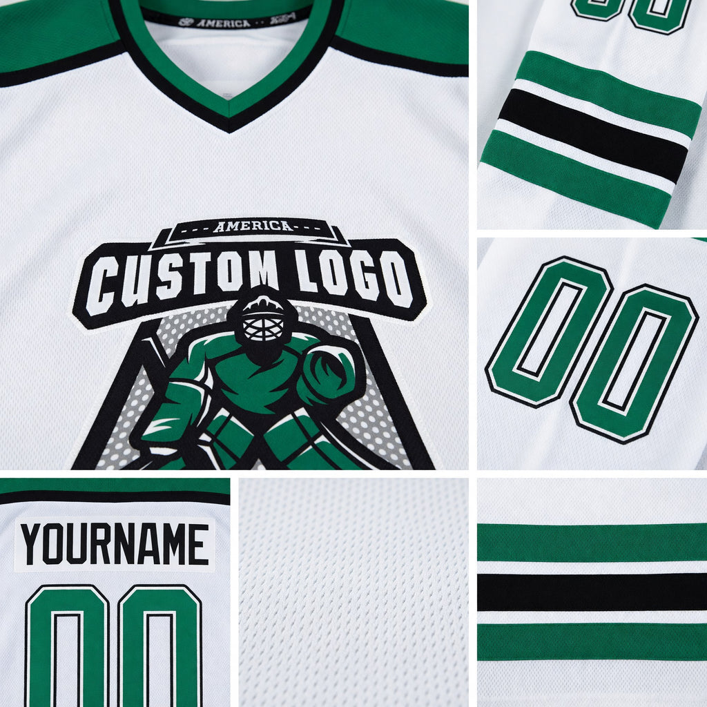 Custom White Kelly Green-Black Hockey Jersey detail