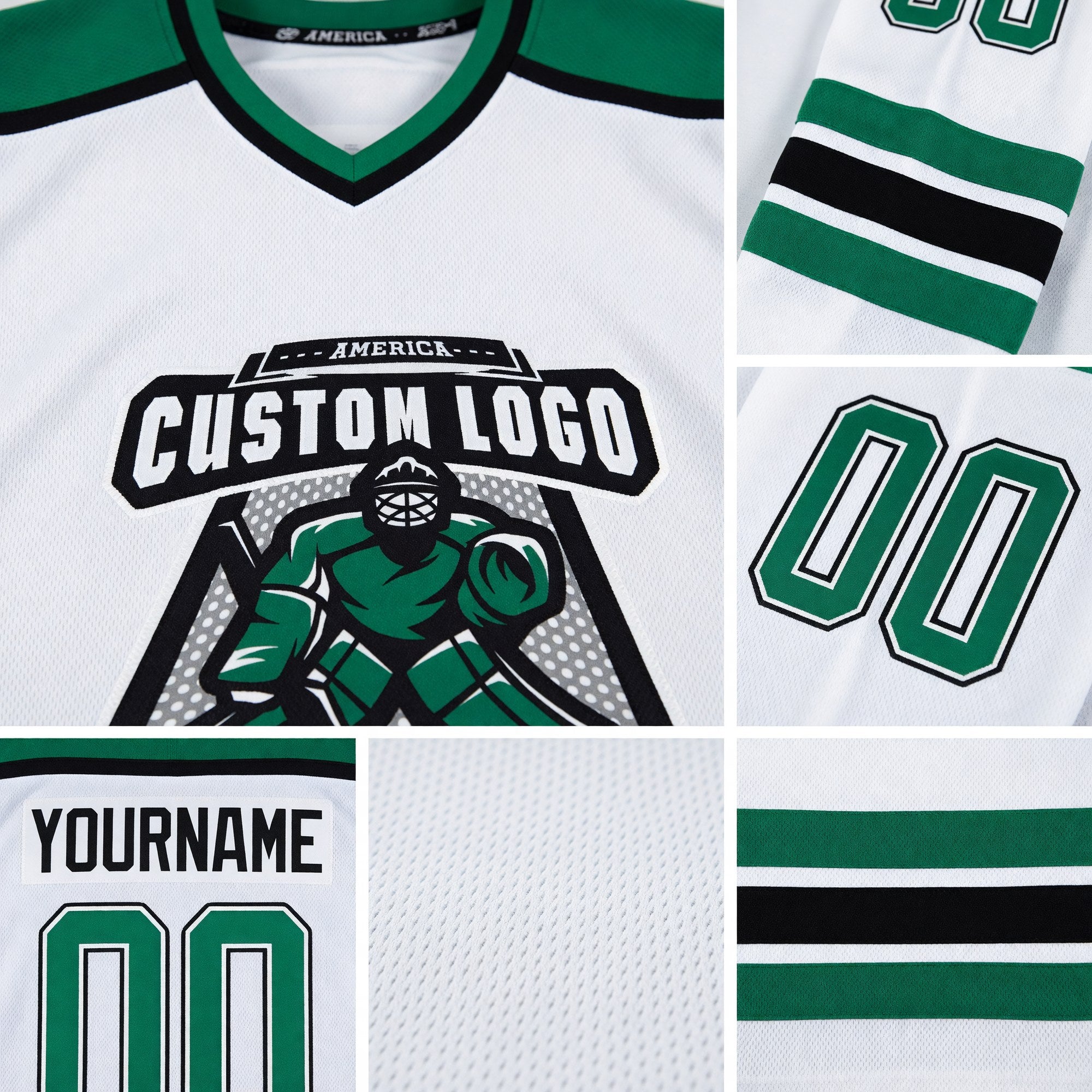 Custom White Kelly Green-Black Hockey Jersey detail