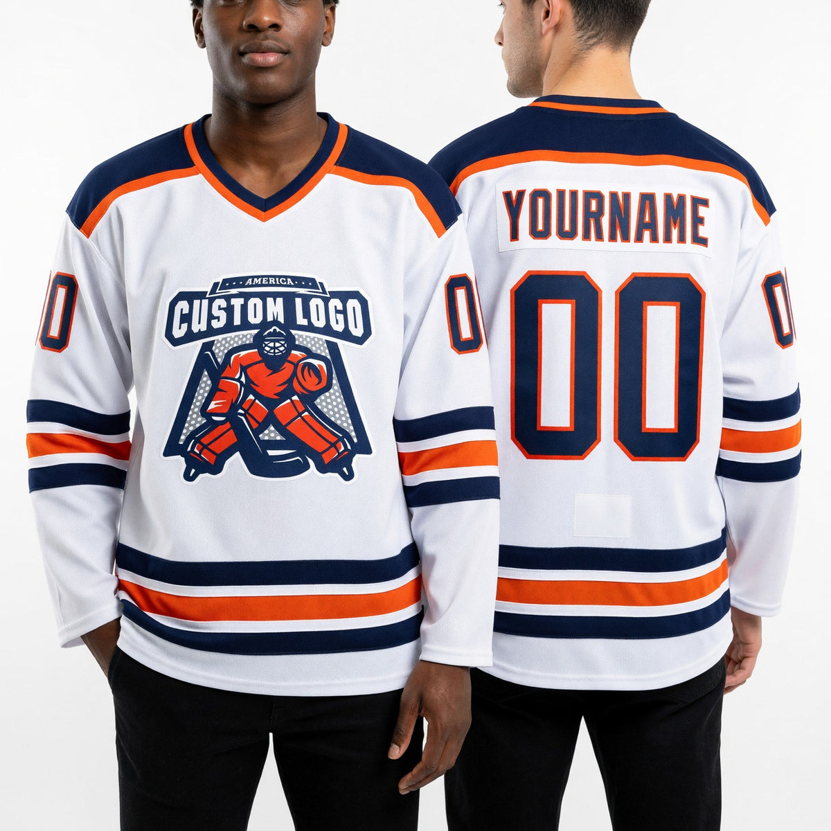 Custom White Navy-Orange Hockey Jersey worn front and back