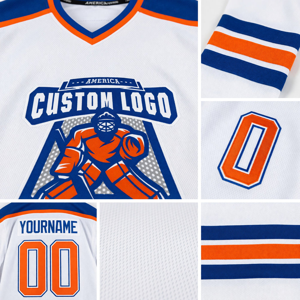 Custom White Orange-Royal Hockey Jersey detail