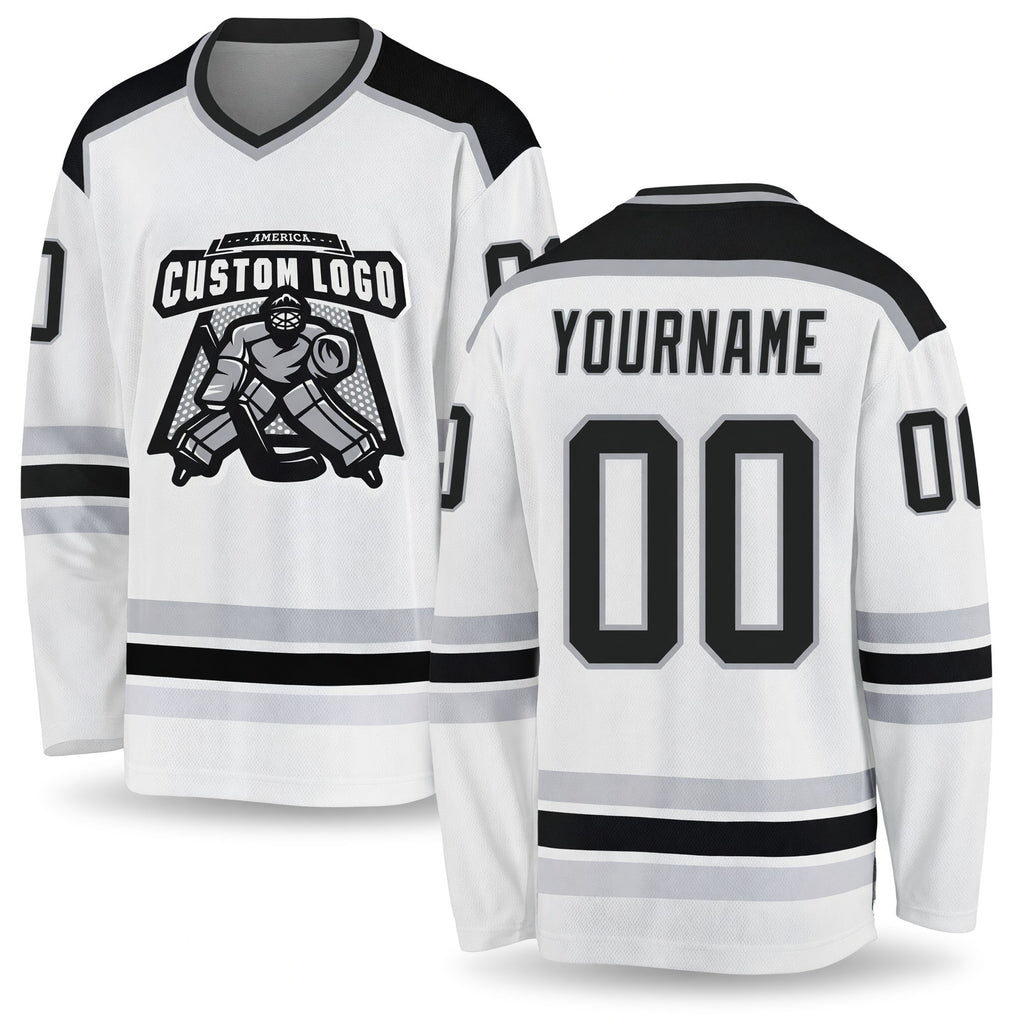 Custom White Black-Gray Hockey Jersey